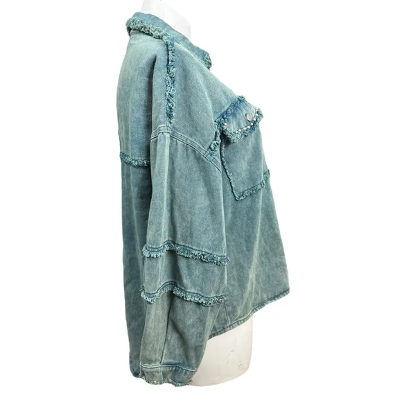 POL Frayed Denim Shacket Jacket Size L Blue Snap Front Distressed Western Style - Picture 5 of 10